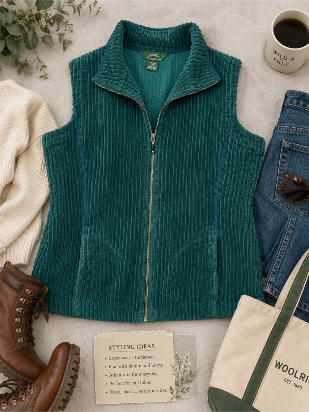 Woolrich Corduroy Zip Vest Women M Teal Green Cotton Heritage Fall Layering